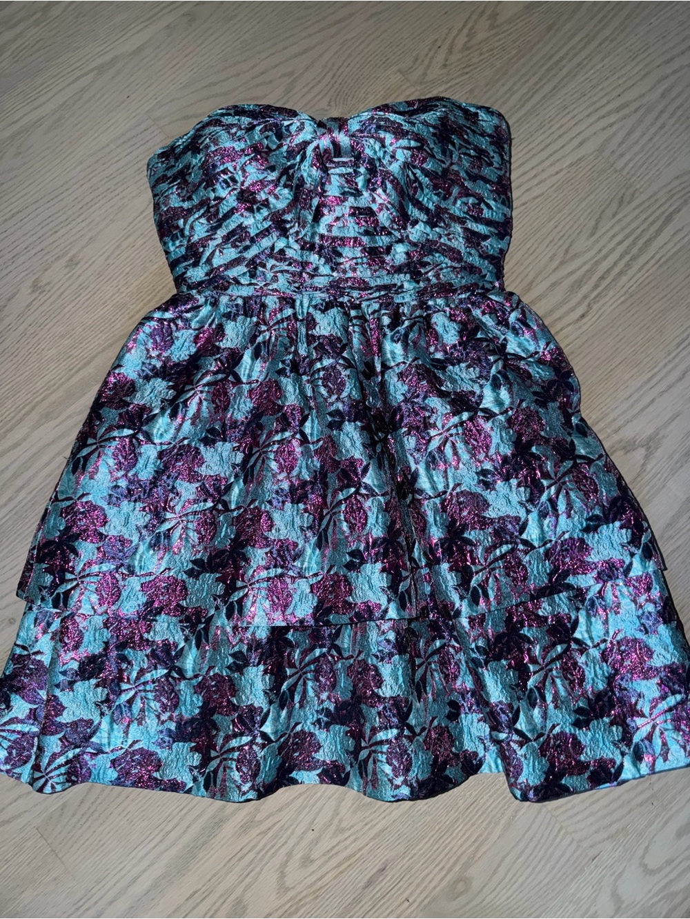 One 33 Social Strapless Floral Jacquard Party Dress in Teal and Purple Sz 6